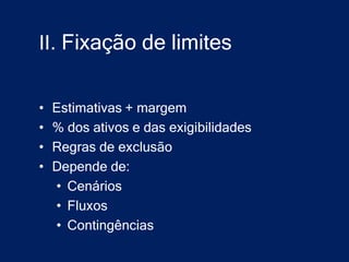 II. Fixação de limites


•   Estimativas + margem
•   % dos ativos e das exigibilidades
•   Regras de exclusão
•   Depende de:
    • Cenários
    • Fluxos
    • Contingências
 