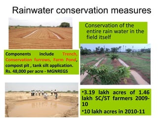 Rainwater conservation measures
                                         Conservation of the
                                         entire rain water in the
                                         field itself

Components       include      Trench,
Conservation furrows, Farm Pond,
compost pit , tank silt application.
Rs. 48,000 per acre - MGNREGS



                                        •3.19 lakh acres of 1.46
                                        lakh SC/ST farmers 2009-
                                        10
                                        •10 lakh acres in 2010-11
 