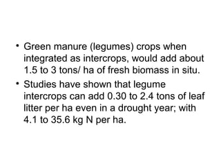 
    Green manure (legumes) crops when
    integrated as intercrops, would add about
    1.5 to 3 tons/ ha of fresh biomass in situ.

    Studies have shown that legume
    intercrops can add 0.30 to 2.4 tons of leaf
    litter per ha even in a drought year; with
    4.1 to 35.6 kg N per ha.
 