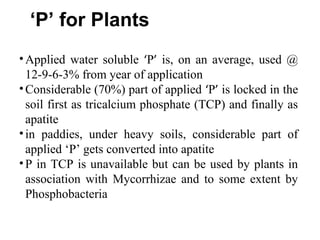 ‘P’ for Plants
• Applied water soluble ‘P’ is, on an average, used @
  12-9-6-3% from year of application
• Considerable (70%) part of applied ‘P’ is locked in the
  soil first as tricalcium phosphate (TCP) and finally as
  apatite
• in paddies, under heavy soils, considerable part of
  applied ‘P’ gets converted into apatite
• P in TCP is unavailable but can be used by plants in
  association with Mycorrhizae and to some extent by
  Phosphobacteria
 