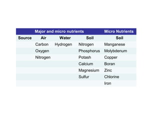 Major and micro nutrients          Micro Nutrients
Source      Air       Water          Soil           Soil
         Carbon     Hydrogen   Nitrogen     Manganese
         Oxygen                Phosphorus   Molybdenum
         Nitrogen              Potash       Copper
                               Calcium      Boran
                               Magnesium    Zinc
                               Sulfur       Chlorine
                                            Iron
 