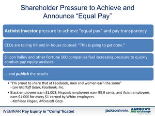 WEBINAR Pay Equity is “Comp”licated
Shareholder Pressure to Achieve and
Announce “Equal Pay”
Activist investor pressure to...