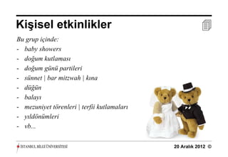Kişisel etkinlikler                                     
Bu grup içinde:
- baby showers
- doğum kutlaması
- doğum günü partileri
- sünnet | bar mitzwah | kına
- düğün
- balayı
- mezuniyet törenleri | terfii kutlamaları
- yıldönümleri
- vb...

                                             20 Aralık 2012 ©
 