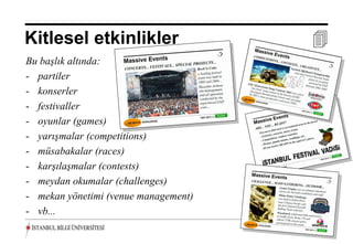 Kitlesel etkinlikler                             
Bu başlık altında:
- partiler
- konserler
- festivaller
- oyunlar (games)
- yarışmalar (competitions)
- müsabakalar (races)
- karşılaşmalar (contests)
- meydan okumalar (challenges)
- mekan yönetimi (venue management)
- vb...
                                      20 Aralık 2012 ©
 