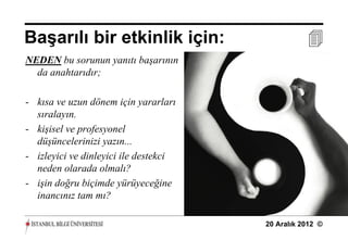 Başarılı bir etkinlik için:                       
NEDEN bu sorunun yanıtı başarının
  da anahtarıdır;

- kısa ve uzun dönem için yararları
  sıralayın.
- kişisel ve profesyonel
  düşüncelerinizi yazın...
- izleyici ve dinleyici ile destekci
  neden olarada olmalı?
- işin doğru biçimde yürüyeceğine
  inancınız tam mı?

                                       20 Aralık 2012 ©
 