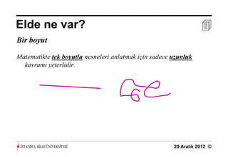 Elde ne var?                                                      
Bir boyut

Matematikte tek boyutlu nesneleri anlatmak için sadece uzunluk
  kavramı yeterlidir.




                                                       20 Aralık 2012 ©
 