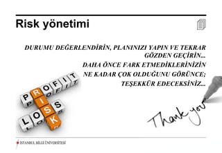 Risk yönetimi                                    
 DURUMU DEĞERLENDİRİN, PLANINIZI YAPIN VE TEKRAR
                               GÖZDEN GEÇİRİN...
              DAHA ÖNCE FARK ETMEDİKLERİNİZİN
              NE KADAR ÇOK OLDUĞUNU GÖRÜNCE;
                         TEŞEKKÜR EDECEKSİNİZ...




                                      20 Aralık 2012 ©
 