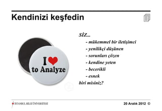 Kendinizi keşfedin                               

                SİZ...
                    - mükemmel bir iletişimci
                    - yenilikçi düşünen
                    - sorunları çözen
                    - kendine yeten
                    - becerikli
                    - esnek
                biri misiniz?



                                      20 Aralık 2012 ©
 