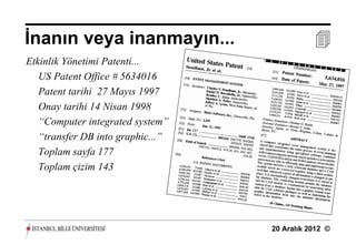 İnanın veya inanmayın...                      
Etkinlik Yönetimi Patenti...
   US Patent Office # 5634016
   Patent tarihi 27 Mayıs 1997
   Onay tarihi 14 Nisan 1998
   “Computer integrated system”
   “transfer DB into graphic...”
   Toplam sayfa 177
   Toplam çizim 143




                                   20 Aralık 2012 ©
 