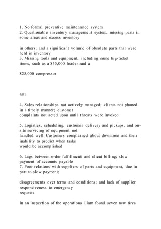 1. No formal preventive maintenance system
2. Questionable inventory management system; missing parts in
some areas and excess inventory
in others; and a significant volume of obsolete parts that were
held in inventory
3. Missing tools and equipment, including some big-ticket
items, such as a $35,000 loader and a
$25,000 compressor
651
4. Sales relationships not actively managed; clients not phoned
in a timely manner; customer
complaints not acted upon until threats were invoked
5. Logistics, scheduling, customer delivery and pickups, and on-
site servicing of equipment not
handled well. Customers complained about downtime and their
inability to predict when tasks
would be accomplished
6. Lags between order fulfillment and client billing; slow
payment of accounts payable
7. Poor relations with suppliers of parts and equipment, due in
part to slow payment;
disagreements over terms and conditions; and lack of supplier
responsiveness to emergency
requests
In an inspection of the operations Liam found seven new tires
 