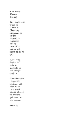 End of the
Change
Project
Diagnostic and
Steering
Controls
(Focusing
resources on
targets;
measuring
progress;
taking
corrective
action and
learning as we
go)
Assess the
impact of
existing
controls on
the change
project.
Consider what
diagnostic
systems will
need to be
developed
and/or altered
to provide
guidance for
the change.
Develop
 