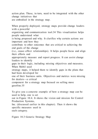 action plan. These, in turn, need to be integrated with the other
change initiatives that
are embodied in the strategy map.
When properly deployed, strategy maps provide change leaders
with a powerful
organizing and communication tool.34 This visualization helps
people understand what
is being proposed and why. It clarifies why certain actions are
important and how they
contribute to other outcomes that are critical to achieving the
end goals of the change
(i.e., cause–effect relationships). It helps people focus and align
their efforts and
appropriately measure and report progress. It can assist change
leaders to identify
gaps in their logic, including missing objectives and measures.
When Mobil used
strategy maps, it helped them to identify gaps in the plans that
had been developed for
one of their business units. Objectives and metrics were missing
for dealers—a critical
component for a strategy map focused on selling more
gasoline.35
To give you a concrete example of how a strategy map can be
used to help, one is set
out in Figure 10.4. It shows the vision and mission for Control
Production Systems,
Inc. (discussed earlier in this chapter). Then it shows the
specific measures used in
each category.
Figure 10.3 Generic Strategy Map
 