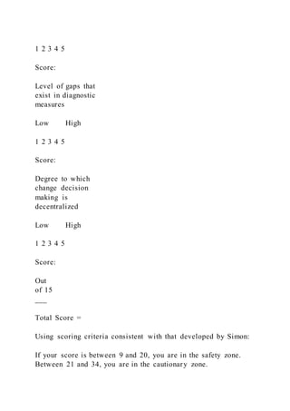 1 2 3 4 5
Score:
Level of gaps that
exist in diagnostic
measures
Low High
1 2 3 4 5
Score:
Degree to which
change decision
making is
decentralized
Low High
1 2 3 4 5
Score:
Out
of 15
___
Total Score =
Using scoring criteria consistent with that developed by Simon:
If your score is between 9 and 20, you are in the safety zone.
Between 21 and 34, you are in the cautionary zone.
 