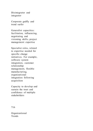 Disintegrator and
integrator
Corporate gadfly and
trend surfer
Generalist capacities:
facilitation, influencing,
negotiating and
visioning skills; project
management expertise
Specialist roles, related
to expertise needed for
specific change
initiatives. For example,
software system
integration, customer
relationship
management, flexible
manufacturing,
organizational
integration following
acquisition
Capacity to develop and
sustain the trust and
confidence of multiple
stakeholders
716
Organizational
Trends
 
