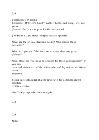 733
Contingency Planning
Remember O’Brien’s Law‡? Well, it holds, and things will not
go as
planned. But you can plan for the unexpected.
‡ O’Brien’s Law states Murphy was an optimist.
What are the critical decision points? Who makes those
decisions?
What will you do if the decision or event does not go as
planned?
What plans can you make to account for these contingencies? If
you can,
draw a decision tree of the action plan and lay out the decision–
event
sequence.
Please see study.sagepub.com/cawsey4e for a downloadable
template
of this exercise.
http://study.sagepub.com/cawsey4e
734
735
Notes
 
