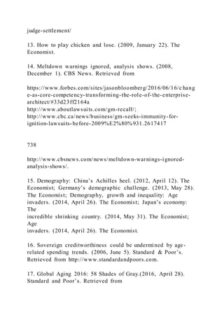 judge-settlement/
13. How to play chicken and lose. (2009, January 22). The
Economist.
14. Meltdown warnings ignored, analysis shows. (2008,
December 1). CBS News. Retrieved from
https://www.forbes.com/sites/jasonbloomberg/2016/06/16/c hang
e-as-core-competency-transforming-the-role-of-the-enterprise-
architect/#33d23ff2164a
http://www.aboutlawsuits.com/gm-recall/;
http://www.cbc.ca/news/business/gm-seeks-immunity-for-
ignition-lawsuits-before-2009%E2%80%931.2617417
738
http://www.cbsnews.com/news/meltdown-warnings-ignored-
analysis-shows/.
15. Demography: China’s Achilles heel. )2012, April 12). The
Economist; Germany’s demographic challenge. )2013, May 28).
The Economist; Demography, growth and inequality: Age
invaders. (2014, April 26). The Economist; Japan’s economy:
The
incredible shrinking country. (2014, May 31). The Economist;
Age
invaders. (2014, April 26). The Economist.
16. Sovereign creditworthiness could be undermined by age-
related spending trends. (2006, June 5). Standard & Poor’s.
Retrieved from http://www.standardandpoors.com.
17. Global Aging 2016: 58 Shades of Gray.(2016, April 28).
Standard and Poor’s. Retrieved from
 