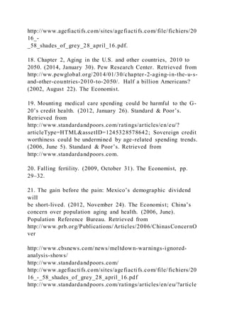 http://www.agefiactifs.com/sites/agefiactifs.com/file/fichiers/20
16_-
_58_shades_of_grey_28_april_16.pdf.
18. Chapter 2, Aging in the U.S. and other countries, 2010 to
2050. (2014, January 30). Pew Research Center. Retrieved from
http://ww.pewglobal.org/2014/01/30/chapter-2-aging-in-the-u-s-
and-other-countries-2010-to-2050/. Half a billion Americans?
(2002, August 22). The Economist.
19. Mounting medical care spending could be harmful to the G-
20’s credit health. )2012, January 26). Standard & Poor’s.
Retrieved from
http://www.standardandpoors.com/ratings/articles/en/eu/?
articleType=HTML&assetID=1245328578642; Sovereign credit
worthiness could be undermined by age-related spending trends.
)2006, June 5). Standard & Poor’s. Retrieved from
http://www.standardandpoors.com.
20. Falling fertility. (2009, October 31). The Economist, pp.
29–32.
21. The gain before the pain: Mexico’s demographic dividend
will
be short-lived. )2012, November 24). The Economist; China’s
concern over population aging and health. (2006, June).
Population Reference Bureau. Retrieved from
http://www.prb.org/Publications/Articles/2006/ChinasConcernO
ver
http://www.cbsnews.com/news/meltdown-warnings-ignored-
analysis-shows/
http://www.standardandpoors.com/
http://www.agefiactifs.com/sites/agefiactifs.com/file/fichiers/20
16_-_58_shades_of_grey_28_april_16.pdf
http://www.standardandpoors.com/ratings/articles/en/eu/?article
 