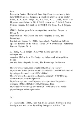 Pew
Research Center. Retrieved from http://pewresearch.org/fact-
tank/2015/06/25/u-s-hispanic-popuation-growth-surge-cools/.
Ennis, S. R., Rios-Vargs, M., & Albert, N. G. (2011, May). The
Hispanic population in 2010, 2010 census brief. United States
Census Bureau, Publication C2010BR-04; Suro, R., & Singer,
A.
(2002). Latino growth in metropolitan America. Center on
Urban &
Metropolitan Policy and The Pew Hispanic Center, The
Brookings
Institution; Saenz, R. (2010, December). Population bulletin
update: Latinos in the United States 2010. Population Reference
Bureau, Update 2010.
33. Suro, R., & Singer, A. (2002). Latino growth in
metropolitan
America (Table 4, p. 9). Center on Urban and Metropolitan
Policy
and the Pew Hispanic Center, The Brookings Institution.
http://www.reuters.com/article/2013/06/21/us-harley
http://www.forbes.com/sites/nextavenue/2017/04/05/the-cost-of-
ignoring-p;der-workers/#35d3a1d614e5
http://www.forbes.com/sites/kerryhannon/2013/01/25/why-
older-workers-cant-be-ignored/
http://news.yahoo.com/employers-see-perks-hiring-older-
workers-144536527%E2%80%94finance.html
http://pewresearch.org/fact-tank/2015/06/25/u-s-hispanic-
popuation-growth-surge-cools/
741
34. Haparanda. (2018, June 30). Panic Attack: Confusion over
immigration and crime is roiling European politics. The
 