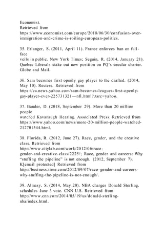 Economist.
Retrieved from
https://www.economist.com/europe/2018/06/30/confusion-over-
immigration-and-crime-is-roiling-european-politics.
35. Erlanger, S. (2011, April 11). France enforces ban on full -
face
veils in public. New York Times; Seguin, R. (2014, January 21).
Quebec Liberals stake out new position on PQ’s secular charter.
Globe and Mail.
36. Sam becomes first openly gay player to the drafted. (2014,
May 10). Reuters. Retrieved from
https://ca.news.yahoo.com/sam-becomes-leagues-first-openly-
gay-player-ever-225731321—nfl.html?.tsrc=yahoo.
37. Bauder, D. (2018, September 29). More than 20 million
people
watched Kavanaugh Hearing. Associated Press. Retrieved from
https://www.yahoo.com/news/more-20-million-people-watched-
212701544.html.
38. Florida, R. (2012, June 27). Race, gender, and the creative
class. Retrieved from
http://www.citylab.com/work/2012/06/race-
gender-and-creative-class/2225/; Race, gender and careers: Why
“stuffing the pipeline” is not enough. )2012, September 7).
K[email protected] Retrieved from
http://business.time.com/2012/09/07/race-gender-and-careers-
why-stuffing-the-pipeline-is-not-enough/.
39. Almasy, S. (2014, May 20). NBA charges Donald Sterling,
schedules June 3 vote. CNN U.S. Retrieved from
http://www.cnn.com/2014/05/19/us/donald-sterling-
nba/index.html.
 