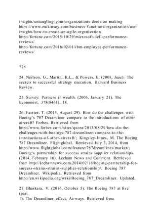 insights/untangling-your-organizations-decision-making
https://www.mckinsey.com/business-functions/organization/our-
insights/how-to-create-an-agile-organization
http://fortune.com/2015/10/29/microsoft-dell-performance-
reviews/
http://fortune.com/2016/02/01/ibm-employee-performance-
reviews/
778
24. Neilson, G., Martin, K.L., & Powers, E. (2008, June). The
secrets to successful strategy execution. Harvard Business
Review.
25. Survey: Partners in wealth. (2006, January 21). The
Economist, 378(8461), 18.
26. Farrier, T. (2013, August 29). How do the challenges with
Boeing’s 787 Dreamliner compare to the introductions of other
aircraft? Forbes. Retrieved from
http://www.forbes.com./sites/quora/2013/08/29/how -do-the-
challenges-with-boeings-787-dreamliner-compare-to-the-
introductions-of-other-aircraft/; Kingsley-Jones, M. The Boeing
787 Dreamliner. Flightglobal. Retrieved July 3, 2014, from
http://www.flightglobal.com/feature/787dreamlines/market/;
Boeing‘s partnership for success strains supplier relationships.
(2014, February 16). Leeham News and Comment. Retrieved
from http://leehamnews.com.2014/02/16/boeing-partnership-for-
success-strains-strains-supplier-relationship/; Boeing 787
Dreamliner. Wikipedia. Retrieved from
http://en.wikipedia.org/wiki/Boeing_787_Dreamliner. Updated.
27. Bhaskara, V. (2016, October 5). The Boeing 787 at five
(part
1): The Dreamliner effect. Airways. Retrieved from
 