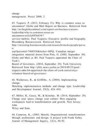 change
management. Prosci 2000, 2.
65. Tsaparis. P. (2013, February 21). Why is common sense so
uncommon? Globe and Mail Report on Business. Retrieved from
http://m.theglobeandmail.com/report-on-business/careers-
leadership/why-is-common-sense-so-
uncommon/article8936634/?
service=mobile; Paul Tsaparis: Executive profile and biography.
Bloomberg Businessweek. Retrieved from
http://investing.businessweek.com/research/stocks/people/perso
n.
asp?personid=7468530&ticker=HPQ; Canadian merger
integration material drawn from Pitts, G. (2002, September 30).
Globe and Mail, p. B3. Paul Tsaparis appointed the Chair of
York’s
Board of Governors. (2018, September 25). York University.
Retrieved from http://yfile.news.yorku.ca/2018/09/25/paul -
tsaparis-mba-84-appointed-the-chair-of-york-universitys-
volunteer-board-of-governors/.
66. Waldersee, R., & Griffiths, A. (2004). Implementing
change:
Matching implementation methods and change type. Leadership
and Development Journal, 25(5), 424–434.
67. Miller, R., Casey, M., & Konchar, M. (2014, September 29).
Change your space, change your culture: How engaging
workspaces lead to transformation and growth. New Jersey:
John
Wiley and Sons.
68. Cameron, K., (2003, March). Organizational transformation
through architecture and design: A project with Frank Gehry.
Journal of Management Inquiry, 12(1), 88-92.
 