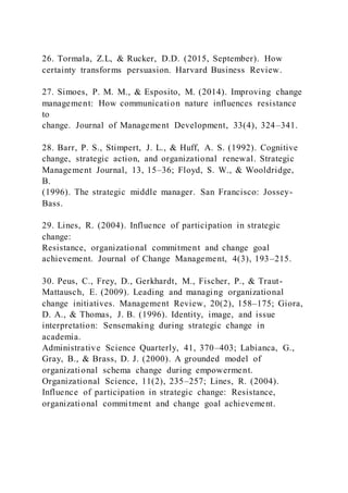 26. Tormala, Z.L, & Rucker, D.D. (2015, September). How
certainty transforms persuasion. Harvard Business Review.
27. Simoes, P. M. M., & Esposito, M. (2014). Improving change
management: How communication nature influences resistance
to
change. Journal of Management Development, 33(4), 324–341.
28. Barr, P. S., Stimpert, J. L., & Huff, A. S. (1992). Cognitive
change, strategic action, and organizational renewal. Strategic
Management Journal, 13, 15–36; Floyd, S. W., & Wooldridge,
B.
(1996). The strategic middle manager. San Francisco: Jossey-
Bass.
29. Lines, R. (2004). Influence of participation in strategic
change:
Resistance, organizational commitment and change goal
achievement. Journal of Change Management, 4(3), 193–215.
30. Peus, C., Frey, D., Gerkhardt, M., Fischer, P., & Traut-
Mattausch, E. (2009). Leading and managing organizational
change initiatives. Management Review, 20(2), 158–175; Giora,
D. A., & Thomas, J. B. (1996). Identity, image, and issue
interpretation: Sensemaking during strategic change in
academia.
Administrative Science Quarterly, 41, 370–403; Labianca, G.,
Gray, B., & Brass, D. J. (2000). A grounded model of
organizational schema change during empowerment.
Organizational Science, 11(2), 235–257; Lines, R. (2004).
Influence of participation in strategic change: Resistance,
organizational commitment and change goal achievement.
 