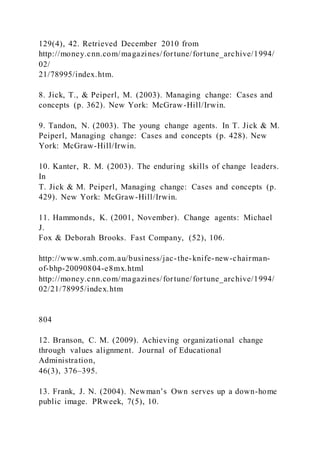 129(4), 42. Retrieved December 2010 from
http://money.cnn.com/magazines/fortune/fortune_archive/1994/
02/
21/78995/index.htm.
8. Jick, T., & Peiperl, M. (2003). Managing change: Cases and
concepts (p. 362). New York: McGraw-Hill/Irwin.
9. Tandon, N. (2003). The young change agents. In T. Jick & M.
Peiperl, Managing change: Cases and concepts (p. 428). New
York: McGraw-Hill/Irwin.
10. Kanter, R. M. (2003). The enduring skills of change leaders.
In
T. Jick & M. Peiperl, Managing change: Cases and concepts (p.
429). New York: McGraw-Hill/Irwin.
11. Hammonds, K. (2001, November). Change agents: Michael
J.
Fox & Deborah Brooks. Fast Company, (52), 106.
http://www.smh.com.au/business/jac-the-knife-new-chairman-
of-bhp-20090804-e8mx.html
http://money.cnn.com/magazines/fortune/fortune_archive/1994/
02/21/78995/index.htm
804
12. Branson, C. M. (2009). Achieving organizational change
through values alignment. Journal of Educational
Administration,
46(3), 376–395.
13. Frank, J. N. )2004). Newman’s Own serves up a down-home
public image. PRweek, 7(5), 10.
 