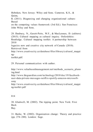 Hoboken, New Jersey: Wiley and Sons. Cameron, K.S., &
Quinn,
R. (2011). Diagnosing and changing organizational culture:
Based
on the competing values framework (3rd Ed.). San Francisco:
John Wiley and Sons.
28. Duxbury, N., Garett-Petts, W.F., & MacLennan, D. (editors)
(2015). Cultural mapping as cultural inquiry. Oxfordshire:
Routledge. Cultural mapping toolkit: A partnership between
2010
legacies now and creative city network of Canada (2010).
Retrieved from
http://www.creativecity.ca/database/files/library/cultural_mappi
ng-
toolkit.pdf.
29. Personal communication with author.
http://www.valuebasedmanagement.net/methods_scenario_plann
ing.html
http://www.theguardian.com/technology/2018/dec/19/facebook-
user-data-private-messages-netflix-spotify-amazon-microsoft-
sony
http://www.creativecity.ca/database/files/library/cultural_mappi
ng-toolkit.pdf
814
30. Gladwell, M. (2002). The tipping point. New York: First
Back
Bay.
31. Burke, W. (2002). Organization change: Theory and practice
(pp. 274–280). London: Sage.
 