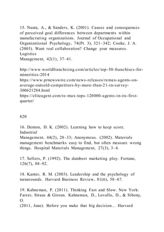 15. Nauta, A., & Sanders, K. (2001). Causes and consequences
of perceived goal differences between departments within
manufacturing organizations. Journal of Occupational and
Organizational Psychology, 74(Pt. 3), 321–342; Cooke, J. A.
(2003). Want real collaboration? Change your measures.
Logistics
Management, 42(1), 37–41.
http://www.worldfranchising.com/articles/top-50-franchises-for-
minorities-2014
https://www.prnewswire.com/news-releases/remax-agents-on-
average-outsold-competitors-by-more-than-21-in-survey-
300621284.html
https://eliteagent.com/re-max-tops-120000-agents-in-its-first-
quarter/
820
16. Denton, D. K. (2002). Learning how to keep score.
Industrial
Management, 44(2), 28–33; Anonymous. (2002). Materials
management benchmarks easy to find, but often measure wrong
things. Hospital Materials Management, 27(3), 3–4.
17. Sellers, P. (1992). The dumbest marketing ploy. Fortune,
126(7), 88–92.
18. Kanter, R. M. (2003). Leadership and the psychology of
turnarounds. Harvard Business Review, 81(6), 58–67.
19. Kahneman, P. (2011). Thinking Fast and Slow. New York:
Farrer, Straus & Giroux. Kahneman, D., Lovallo, D., & Sibony,
O.
)2011, June). Before you make that big decision… Harvard
 