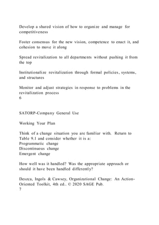 Develop a shared vision of how to organize and manage for
competitiveness
Foster consensus for the new vision, competence to enact it, and
cohesion to move it along
Spread revitalization to all departments without pushing it from
the top
Institutionalize revitalization through formal policies, systems,
and structures
Monitor and adjust strategies in response to problems in the
revitalization process
6
SATORP-Company General Use
Working Your Plan
Think of a change situation you are familiar with. Return to
Table 9.1 and consider whether it is a:
Programmatic change
Discontinuous change
Emergent change
How well was it handled? Was the appropriate approach or
should it have been handled differently?
Deszca, Ingols & Cawsey, Organizational Change: An Action-
Oriented Toolkit, 4th ed.. © 2020 SAGE Pub.
7
 