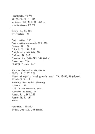 complexity, 90–92
fit, 76–77, 80, 81, 82
in future, 408–412, 411 (table)
growth stages, 87–90
Oshry, B., 27, 304
Overhauling, 22
Participation, 356
Participative approach, 330, 333
Pascale, R., 129
Peiperl, M., 244, 255
Peripheral specialists, 214
Perlman, D., 242
Personalities, 244–245, 248 (table)
Persuasion, 356
PESTEL factors, 5–7
See also External environment
Pfeffer, J., 5, 27, 326
Phases of organizational growth model, 70, 87–90, 89 (figure)
Piderit, S. K., 235
Planning. See Action planning
Polaroid, 280
Political environment, 16–17
Ponemon Institute, 14
Porras, J. I., 108, 253
Posner, B. Z., 288
Power
dynamics, 199–203
tactics, 202–203, 203 (table)
 