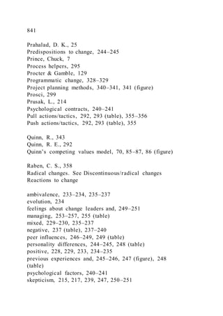 841
Prahalad, D. K., 25
Predispositions to change, 244–245
Prince, Chuck, 7
Process helpers, 295
Procter & Gamble, 129
Programmatic change, 328–329
Project planning methods, 340–341, 341 (figure)
Prosci, 299
Prusak, L., 214
Psychological contracts, 240–241
Pull actions/tactics, 292, 293 (table), 355–356
Push actions/tactics, 292, 293 (table), 355
Quinn, R., 343
Quinn, R. E., 292
Quinn’s competing values model, 70, 85–87, 86 (figure)
Raben, C. S., 358
Radical changes. See Discontinuous/radical changes
Reactions to change
ambivalence, 233–234, 235–237
evolution, 234
feelings about change leaders and, 249–251
managing, 253–257, 255 (table)
mixed, 229–230, 235–237
negative, 237 (table), 237–240
peer influences, 246–249, 249 (table)
personality differences, 244–245, 248 (table)
positive, 228, 229, 233, 234–235
previous experiences and, 245–246, 247 (figure), 248
(table)
psychological factors, 240–241
skepticism, 215, 217, 239, 247, 250–251
 