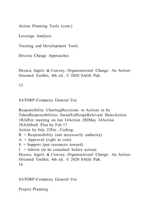 Action Planning Tools (cont.)
Leverage Analysis
Training and Development Tools
Diverse Change Approaches
Deszca, Ingols & Cawsey, Organizational Change: An Action-
Oriented Toolkit, 4th ed.. © 2020 SAGE Pub.
15
SATORP-Company General Use
Responsibility ChartingDecisions or Actions to be
TakenResponsibilities SusanTedSonjaRelevant DatesAction
1RAIFor meeting on Jan 14Action 2RIMay 24Action
3SAADraft Plan by Feb 17
Action by July 22Etc...Coding:
R = Responsibility (not necessarily authority)
A = Approval (right to veto)
S = Support (put resources toward)
I = Inform (to be consulted before action)
Deszca, Ingols & Cawsey, Organizational Change: An Action-
Oriented Toolkit, 4th ed.. © 2020 SAGE Pub.
16
SATORP-Company General Use
Project Planning
 