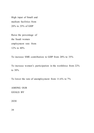 High input of Small and
medium facilities from
20% to 35% of GDP
Raise the percentage of
the Saudi women
employment rate from
12% to 40%
To increase SME contribution to GDP from 20% to 35%
To increase women’s participation in the workforce from 22%
to 30%
To lower the rate of unemployment from 11.6% to 7%
AMONG OUR
GOALS BY
2030
39
 