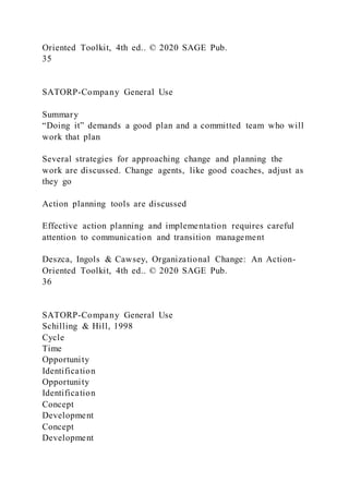 Oriented Toolkit, 4th ed.. © 2020 SAGE Pub.
35
SATORP-Company General Use
Summary
“Doing it” demands a good plan and a committed team who will
work that plan
Several strategies for approaching change and planning the
work are discussed. Change agents, like good coaches, adjust as
they go
Action planning tools are discussed
Effective action planning and implementation requires careful
attention to communication and transition management
Deszca, Ingols & Cawsey, Organizational Change: An Action-
Oriented Toolkit, 4th ed.. © 2020 SAGE Pub.
36
SATORP-Company General Use
Schilling & Hill, 1998
Cycle
Time
Opportunity
Identification
Opportunity
Identification
Concept
Development
Concept
Development
 