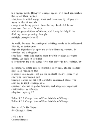 top management. However, change agents will need approaches
that allow them to face
situations in which cooperation and commonality of goals is
weak or absent and where
changes are being pushed from the top. Table 9.2 below
compares Beer et al.’s steps
with the prescriptions of others, which may be helpful in
thinking about planning through
multiple perspectives.15
As well, the need for contingent thinking needs to be addressed.
That is, an action plan
depends significantly upon the action-planning context. In
complex and ambiguous
situations, plans and tactics must be able to adapt as events
unfold. As such, it is useful
to remember the old saying: “No plan survives first contact.”16
In summary, while careful planning is critical, change leaders
must also recognize that
planning is a means—not an end in itself. Don’t ignore vital
emerging information just
because it does not fit with carefully conceived plans. The
abilities to think contingently,
consider alternative paths forward, and adapt are important
contributors to enhanced
adaptive capacity.17
Table 9.2 A Comparison of Four Models of Change
Table 9.2 A Comparison of Four Models of Change
Beer et al.’s Six Steps
for Change (1990)
Jick’s Ten
Commandments
 