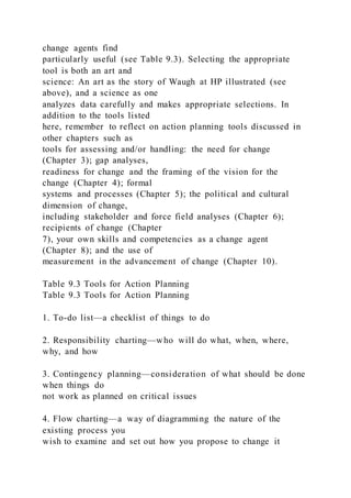 change agents find
particularly useful (see Table 9.3). Selecting the appropriate
tool is both an art and
science: An art as the story of Waugh at HP illustrated (see
above), and a science as one
analyzes data carefully and makes appropriate selections. In
addition to the tools listed
here, remember to reflect on action planning tools discussed in
other chapters such as
tools for assessing and/or handling: the need for change
(Chapter 3); gap analyses,
readiness for change and the framing of the vision for the
change (Chapter 4); formal
systems and processes (Chapter 5); the political and cultural
dimension of change,
including stakeholder and force field analyses (Chapter 6);
recipients of change (Chapter
7), your own skills and competencies as a change agent
(Chapter 8); and the use of
measurement in the advancement of change (Chapter 10).
Table 9.3 Tools for Action Planning
Table 9.3 Tools for Action Planning
1. To-do list—a checklist of things to do
2. Responsibility charting—who will do what, when, where,
why, and how
3. Contingency planning—consideration of what should be done
when things do
not work as planned on critical issues
4. Flow charting—a way of diagramming the nature of the
existing process you
wish to examine and set out how you propose to change it
 