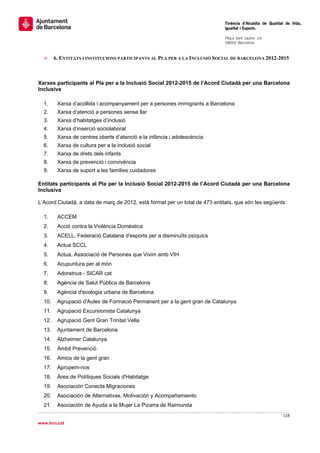                                                                               Tinència d’Alcaldia de Qualitat de Vida,
                                                                              Igualtat i Esports.
                                                                               
                                                                              Plaça Sant Jaume, s/n
                                                                              08002 Barcelona

                                                                               
    »     6. ENTITATS I INSTITUCIONS PARTICIPANTS AL PLA PER A LA INCLUSIÓ SOCIAL DE BARCELONA 2012-2015



Xarxes participants al Pla per a la Inclusió Social 2012-2015 de l’Acord Ciutadà per una Barcelona
Inclusiva

    1.     Xarxa d’acollida i acompanyament per a persones immigrants a Barcelona
    2.     Xarxa d’atenció a persones sense llar
    3.     Xarxa d’habitatges d’inclusió
    4.     Xarxa d’inserció sociolaboral
    5.     Xarxa de centres oberts d’atenció a la infància i adolescència
    6.     Xarxa de cultura per a la inclusió social
    7.     Xarxa de drets dels infants
    8.     Xarxa de prevenció i convivència
    9.     Xarxa de suport a les famílies cuidadores

Entitats participants al Pla per la Inclusió Social 2012-2015 de l’Acord Ciutadà per una Barcelona
Inclusiva

L’Acord Ciutadà, a data de març de 2012, està format per un total de 473 entitats, que són les següents:

    1.     ACCEM
    2.     Acció contra la Violència Domèstica
    3.     ACELL, Federació Catalana d'esports per a disminuïts psíquics
    4.     Actua SCCL
    5.     Actua, Associació de Persones que Vivim amb VIH
    6.     Acupuntura per al món
    7.     Adoratrius - SICAR cat
    8.     Agència de Salut Pública de Barcelona
    9.     Agència d'ecologia urbana de Barcelona
    10.    Agrupació d'Aules de Formació Permanent per a la gent gran de Catalunya
    11.    Agrupació Excursionista Catalunya
    12.    Agrupació Gent Gran Trinitat Vella
    13.    Ajuntament de Barcelona
    14.    Alzheimer Catalunya
    15.    Àmbit Prevenció
    16.    Amics de la gent gran
    17.    Apropem-nos
    18.    Àrea de Polítiques Socials d'Habitatge
    19.    Asociación Conecta Migraciones
    20.    Asociación de Alternativas, Motivación y Acompañamiento
    21.    Asociación de Ayuda a la Mujer La Pizarra de Raimunda
                                                                                                            118 
 
www.bcn.cat
 
 
