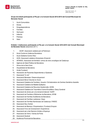                                                                                 Tinència d’Alcaldia de Qualitat de Vida,
                                                                                Igualtat i Esports.
                                                                                 
                                                                                Plaça Sant Jaume, s/n
                                                                                08002 Barcelona

                                                                                 
Grups de treball participants al Pla per a la Inclusió Social 2012-2015 del Consell Municipal de
Benestar Social

    1.    Acció Comunitària
    2.    Dones
    3.    Drogodependència
    4.    Famílies
    5.    Gent gran
    6.    Infància
    7.    Pobresa
    8.    Salut


Entitats i institucions participants al Pla per a la Inclusió Social 2012-2015 del Consell Municipal
de Benestar Social (desembre 2011)

    1.        ACAP, Associació catalana per al Parkinson
    2.    Acció Contra la Violència Domèstica
    3.    Acció Solidaria Contra l'Atur
    4.    ACEI, Associació catalana d'empreses d'inserció
    5.    AFANOC, Associació de familiars i amics de nens oncològics de Catalunya
    6.    Agència de Salut Pública de Barcelona
    7.    Amics de la Gent Gran
    8.    Arquebisbat de Barcelona
    9.    Arrels Fundació
    10.   Asociación de Pacientes Dependientes a Opiáceos
    11.   Associació "in via"
    12.   Associació Benestar i Desenvolupament
    13.   Associació Bona Voluntat en Acció
    14.   Associació Catalana de Familiars, Usuaris i Col.laboradors de Centres Geriàtrics Assistits
    15.   Associació Catalana de Malalts Epilèptics
    16.   Associació Catalana de Recursos Assitencials, ACRA
    17.   Associació Catalana de Traumàtics Cranio-Encefàlics i Dany Cerebral
    18.   Associació de dones per a la reinserció laboral / SURT
    19.   Associació de Familiars d'Alzheimer de Barcelona, AFAB
    20.   Associació de Famílies Acollidores de Barcelona
    21.   Associació de Famílies Lesbianes i Gays
    22.   Associació de Famílies Nombroses de Catalunya, FANOC
    23.   Associació Nou Horitzó
    24.   Associació de Mentors i Emprenedors / Fundació Empren
    25.   Associació Fons de Coneixement i Experiència
    26.   Associació per a les Nacions Unides a Espanya
    27.   Associacio de Veins i Veines de Porta
    28.   Associació Quetzal
    29.   Audiència Provincial de Barcelona
                                                                                                              131 
 
www.bcn.cat
 
 