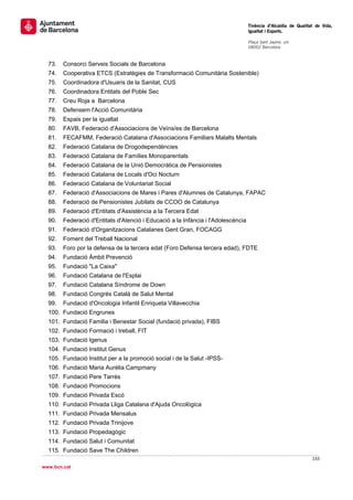                                                                                      Tinència d’Alcaldia de Qualitat de Vida,
                                                                                     Igualtat i Esports.
                                                                                      
                                                                                     Plaça Sant Jaume, s/n
                                                                                     08002 Barcelona

                                                                                      
    73.   Consorci Serveis Socials de Barcelona
    74.   Cooperativa ETCS (Estratègies de Transformació Comunitària Sostenible)
    75.   Coordinadora d'Usuaris de la Sanitat, CUS
    76.   Coordinadora Entitats del Poble Sec
    77.   Creu Roja a Barcelona
    78.   Defensem l'Acció Comunitària
    79.   Espais per la igualtat
    80.   FAVB, Federació d'Associacions de Veïns/es de Barcelona
    81.   FECAFMM, Federació Catalana d'Associacions Familiars Malalts Mentals
    82.   Federació Catalana de Drogodependències
    83.   Federació Catalana de Famílies Monoparentals
    84.   Federació Catalana de la Unió Democràtica de Pensionistes
    85.   Federació Catalana de Locals d'Oci Nocturn
    86.   Federació Catalana de Voluntariat Social
    87.   Federació d'Associacions de Mares i Pares d'Alumnes de Catalunya, FAPAC
    88.   Federació de Pensionistes Jubilats de CCOO de Catalunya
    89.   Federació d'Entitats d'Assistència a la Tercera Edat
    90.   Federació d'Entitats d'Atenció i Educació a la Infància i l'Adolescència
    91.   Federació d'Organitzacions Catalanes Gent Gran, FOCAGG
    92.   Foment del Treball Nacional
    93.   Foro por la defensa de la tercera edat (Foro Defensa tercera edad), FDTE
    94.   Fundació Àmbit Prevenció
    95.   Fundació "La Caixa"
    96.   Fundació Catalana de l'Esplai
    97.   Fundació Catalana Síndrome de Down
    98.   Fundació Congrés Català de Salut Mental
    99.   Fundació d'Oncologia Infantil Enriqueta Villavecchia
    100. Fundació Engrunes
    101. Fundació Familia i Benestar Social (fundació privada), FIBS
    102. Fundació Formació i treball, FIT
    103. Fundació Igenus
    104. Fundació Institut Genus
    105. Fundació Institut per a la promoció social i de la Salut -IPSS-
    106. Fundació Maria Aurèlia Campmany
    107. Fundació Pere Tarrés
    108. Fundació Promocions
    109. Fundació Privada Escó
    110. Fundació Privada Lliga Catalana d'Ajuda Oncològica
    111. Fundació Privada Mensalus
    112. Fundació Privada Trinijove
    113. Fundació Propedagógic
    114. Fundació Salut i Comunitat
    115. Fundació Save The Children
                                                                                                                   133 
 
www.bcn.cat
 
 