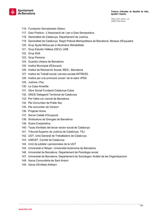                                                                               Tinència d’Alcaldia de Qualitat de Vida,
                                                                              Igualtat i Esports.
                                                                               
                                                                              Plaça Sant Jaume, s/n
                                                                              08002 Barcelona

                                                                               
    116. Fundación Secretariado Gitano
    117. Gais Positius - L'Associació de i per a Gais Seropositius
    118. Generalitat de Catalunya, Departament de Justícia.
    119. Generalitat de Catalunya. Regió Policial Metropolitana de Barcelona- Mossos d'Esquadra
    120. Grup Ajuda Mútua per a Alcoholics Rehabilitats
    121. Grup Estudis Vellesa (GEV)- UAB
    122. Grup IGIA
    123. Grup Persona
    124. Guardia Urbana de Barcelona
    125. Institut Municipal d'Educació
    126. Institut de Reinserció Social, IRES - Barcelona
    127. Institut de Treball social i serveis socials-INTRESS,
    128. Institut per a la promoció social i de la salut -IPSS
    129. Justícia i Pau
    130. La Casa Amarilla
    131. Obra Social Fundació Catalunya Caixa
    132. ONCE Delegació Territorial de Catalunya
    133. Per l'altre cor cremat de Barcelona
    134. Pla Comunitari de Poble Sec
    135. Pla comunitari de Verdum
    136. Projecte Home
    137. Servei Català d'Ocupació
    138. Sindicatura de Greuges de Barcelona
    139. Suara Cooperativa
    140. Taula d'entitats del tercer sector social de Catalunya
    141. Tribunal Superior de Justícia de Catalunya, TSJ
    142. UGT, Unió General de Treballadors de Catalunya
    143. UNICEF. Comité de Catalunya
    144. Unió de jubilats i pensionistes de la UGT
    145. Universitat a l'Abast - Universitat Autònoma de Barcelona
    146. Universitat de Barcelona. Departament de Psicologia social
    147. Universitat de Barcelona. Departament de Sociologia i Anàlisi de les Organitzacions
    148. Xarxa Comunitària de Sant Antoni
    149. Xarxa d'Entitats Artibarri




                                                                                                            134 
 
www.bcn.cat
 
 