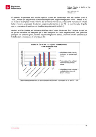                                                                                                 Tinència d’Alcaldia de Qualitat de Vida,
                                                                                                Igualtat i Esports.
                                                                                                 
                                                                                                Plaça Sant Jaume, s/n
                                                                                                08002 Barcelona

                                                                                                 
El col·lectiu de persones amb estudis superiors ocupen els percentatges més alts –arriben quasi al
100%-, mentre que les persones analfabetes compten amb els percentatges més baixos –arriben al 0%
en el cas de la compra a través d’Internet. De la mateixa manera que passava amb els ingressos nets de
la llar, s’observa una relació directament proporcional entre l’ús de les TIC i el nivell formatiu. El gràfic
que es mostra a continuació permet visualitzar aquesta relació (gràfic 24).

Quant a la situació laboral, els estudiants tenen els majors nivells percentuals. Això s’explica, en part, pel
fet que els estudiants són més joves que la resta dels grups. En canvi, els pensionistes, dels quals una
gran part són persones grans, mostren els percentatges més baixos, juntament amb les persones que
treballen com a mestresses de la llar (taula 22).



                                 Gràfic 24. Ús de les TIC segons nivell formatiu.
                                               Estat espanyol 2011
                                                        (%)
              100
               90                                                                  Persones que han utilitzat
               80                                                                  l'ordinador en els darrers 3
               70                                                                  mesos
               60
               50
               40
               30                                                                  Persones que han utilitzat
               20                                                                  Internet en els darrers 3
               10                                                                  mesos
                0

                                                                                   Persones que han comprat a
                                                                                   través de Internet en els
                                                                                   darrers 3 mesos




              Font: enquesta d'equipament i ús de tecnologies de la informació i comunicació de les llars 2011. INE.




                                                                                                                               48 
 
www.bcn.cat
 
 