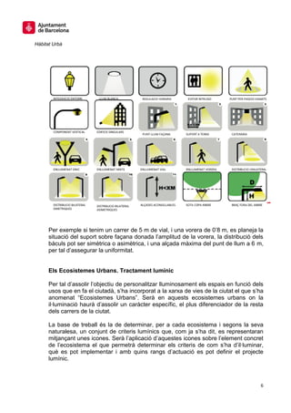 Hàbitat Urbà




      Per exemple si tenim un carrer de 5 m de vial, i una vorera de 0’8 m, es planeja la
      situació del suport sobre façana donada l’amplitud de la vorera, la distribució dels
      bàculs pot ser simètrica o asimètrica, i una alçada màxima del punt de llum a 6 m,
      per tal d’assegurar la uniformitat.


      Els Ecosistemes Urbans. Tractament lumínic

      Per tal d’assolir l’objectiu de personalitzar lluminosament els espais en funció dels
      usos que en fa el ciutadà, s’ha incorporat a la xarxa de vies de la ciutat el que s’ha
      anomenat “Ecosistemes Urbans”. Serà en aquests ecosistemes urbans on la
      il·luminació haurà d’assolir un caràcter específic, el plus diferenciador de la resta
      dels carrers de la ciutat.

      La base de treball és la de determinar, per a cada ecosistema i segons la seva
      naturalesa, un conjunt de criteris lumínics que, com ja s’ha dit, es representaran
      mitjançant unes icones. Serà l’aplicació d’aquestes icones sobre l’element concret
      de l’ecosistema el que permetrà determinar els criteris de com s’ha d’il·luminar,
      què es pot implementar i amb quins rangs d’actuació es pot definir el projecte
      lumínic.



                                                                                          6
 