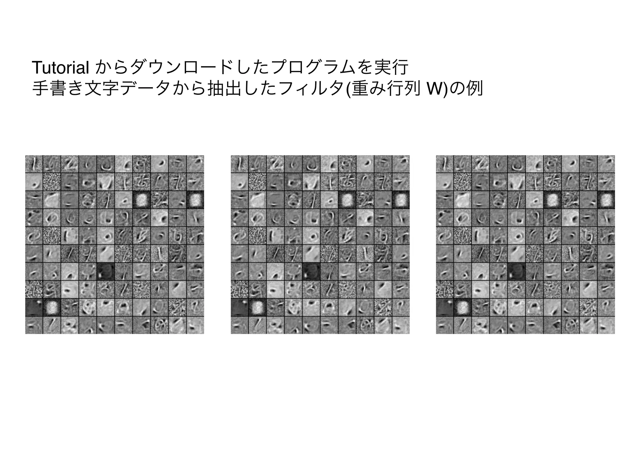 Tutorial からダウンロードしたプログラムを実行"
手書き文字データから抽出したフィルタ(重み行列 W)の例
 