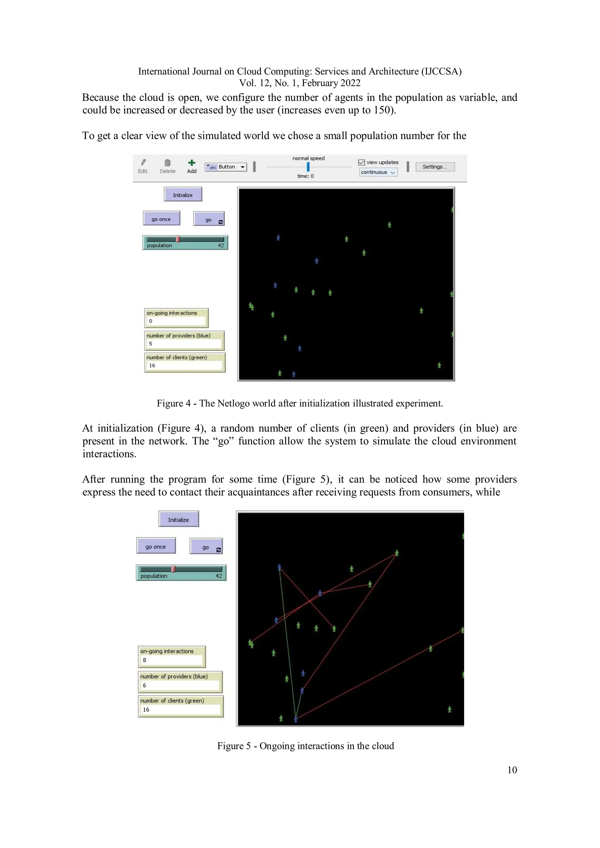 International Journal on Cloud Computing: Services and Architecture (IJCCSA)
Vol. 12, No. 1, February 2022
10
Because the cloud is open, we configure the number of agents in the population as variable, and
could be increased or decreased by the user (increases even up to 150).
To get a clear view of the simulated world we chose a small population number for the
Figure 4 - The Netlogo world after initialization illustrated experiment.
At initialization (Figure 4), a random number of clients (in green) and providers (in blue) are
present in the network. The “go” function allow the system to simulate the cloud environment
interactions.
After running the program for some time (Figure 5), it can be noticed how some providers
express the need to contact their acquaintances after receiving requests from consumers, while
Figure 5 - Ongoing interactions in the cloud
 