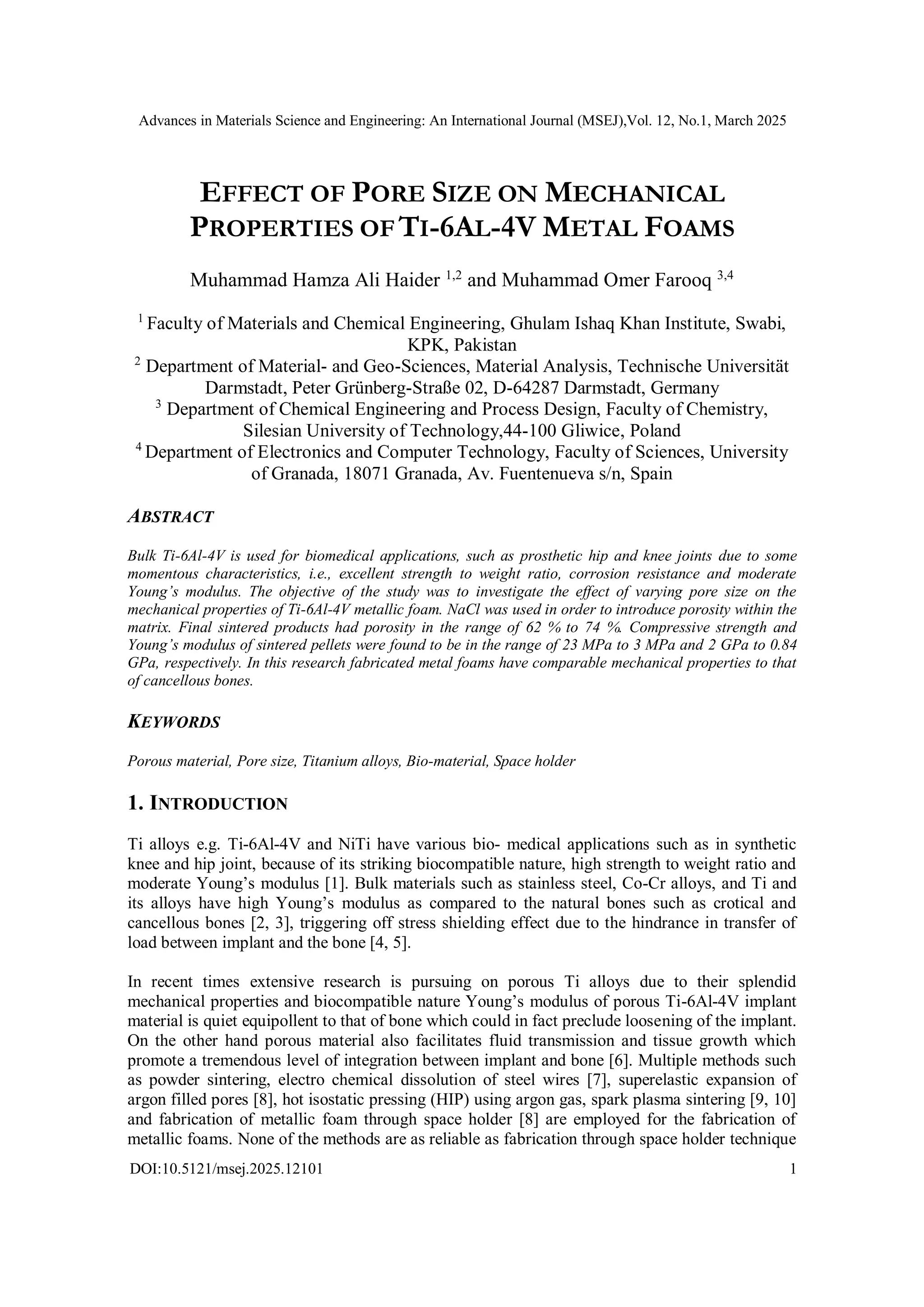 Effect of Pore Size on Mechanical Properties of Ti-6Al-4V Metal Foams | PDF
