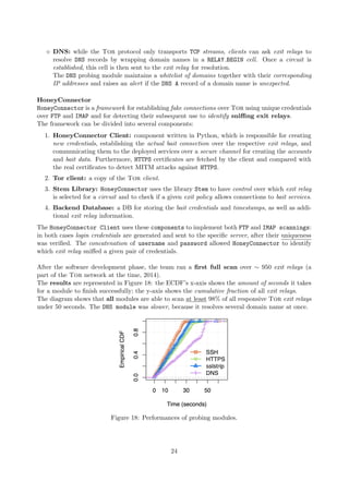 DNS: while the Tor protocol only transports TCP streams, clients can ask exit relays to
resolve DNS records by wrapping domain names in a RELAY BEGIN cell. Once a circuit is
established, this cell is then sent to the exit relay for resolution.
The DNS probing module maintains a whitelist of domains together with their corresponding
IP addresses and raises an alert if the DNS A record of a domain name is unexpected.
HoneyConnector
HoneyConnector is a framework for establishing fake connections over Tor using unique credentials
over FTP and IMAP and for detecting their subsequent use to identify sniﬃng exit relays.
The framework can be divided into several components:
1. HoneyConnector Client: component written in Python, which is responsible for creating
new credentials, establishing the actual bait connection over the respective exit relays, and
communicating them to the deployed services over a secure channel for creating the accounts
and bait data. Furthermore, HTTPS certiﬁcates are fetched by the client and compared with
the real certiﬁcates to detect MITM attacks against HTTPS.
2. Tor client: a copy of the Tor client.
3. Stem Library: HoneyConnector uses the library Stem to have control over which exit relay
is selected for a circuit and to check if a given exit policy allows connections to bait services.
4. Backend Database: a DB for storing the bait credentials and timestamps, as well as addi-
tional exit relay information.
The HoneyConnector Client uses these components to implement both FTP and IMAP scannings:
in both cases login credentials are generated and sent to the speciﬁc server, after their uniqueness
was veriﬁed. The concatenation of username and password allowed HoneyConnector to identify
which exit relay sniﬀed a given pair of credentials.
After the software development phase, the team ran a ﬁrst full scan over ∼ 950 exit relays (a
part of the Tor network at the time, 2014).
The results are represented in Figure 18: the ECDF’s x-axis shows the amount of seconds it takes
for a module to ﬁnish successfully; the y-axis shows the cumulative fraction of all exit relays.
The diagram shows that all modules are able to scan at least 98% of all responsive Tor exit relays
under 50 seconds. The DNS module was slower, because it resolves several domain name at once.
Figure 18: Performances of probing modules.
24
 