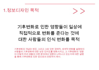 1.정보디자인 목적
기후변화로 인한 영향들이 일상에
직접적으로 변화를 준다는 것에
대한 사람들의 인식 변화를 목적
기후변화의 개념과 원인, 그리고 그로 인한 경제적, 세계적 변화를 설명하여
사람들이 기후변화에 대한 낮은 인지도를 변화시키고, 그 기후변화의 영향
이 어떻게 우리 생활의 어떤 분야에서 영향이 나타나고 있는가에 대한 설명
을 통해 기후변화로 인한 앞으로의 전망까지 제시.
 