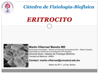 Cátedra de Fisiología-Biofísica


 ERITROCITO



  Martin Villarroel Mareño MD
  Doctorando Inmunología – Experto en Docencia Universitaria (UAH – Madrid, España)
  Especialista en Gestión de la Investigación (UPV-España)
  Docente titular. Cátedra de Fisiología-Biofísica.
  Facultad de Medicina. UMSA

  Contact: martin.villarroel@umsalud.edu.bo
                           Marzo de 2011. La Paz, Bolivia
 