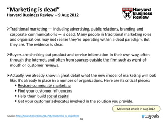 “Marketing is dead”
Harvard Business Review – 9 Aug 2012


Traditional marketing — including advertising, public relations, branding and
 corporate communications — is dead. Many people in traditional marketing roles
 and organizations may not realize they're operating within a dead paradigm. But
 they are. The evidence is clear.

Buyers are checking out product and service information in their own way, often
 through the Internet, and often from sources outside the firm such as word-of-
 mouth or customer reviews.

Actually, we already know in great detail what the new model of marketing will look
 like. It's already in place in a number of organizations. Here are its critical pieces:
     Restore community marketing
     Find your customer influencers
     Help them build social capital
     Get your customer advocates involved in the solution you provide.
                                                                      Most read article in Aug 2012

Source: http://blogs.hbr.org/cs/2012/08/marketing_is_dead.html
                                                                 34
 